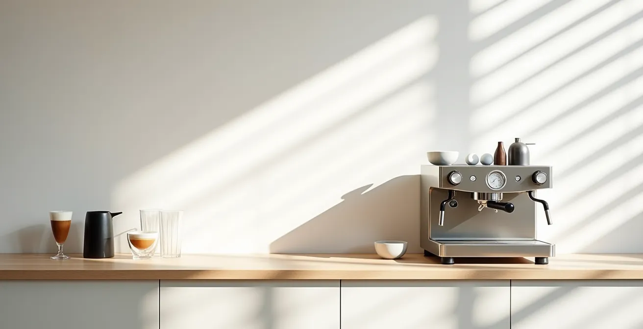 Wide shot of affogato preparation station showing timing sequence