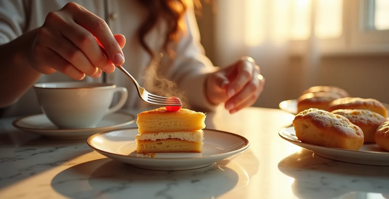 A person's hands elegantly lifting a piece of layered pastry with a fork during a mid-afternoon tasting, with warm golden sunlight streaming in.