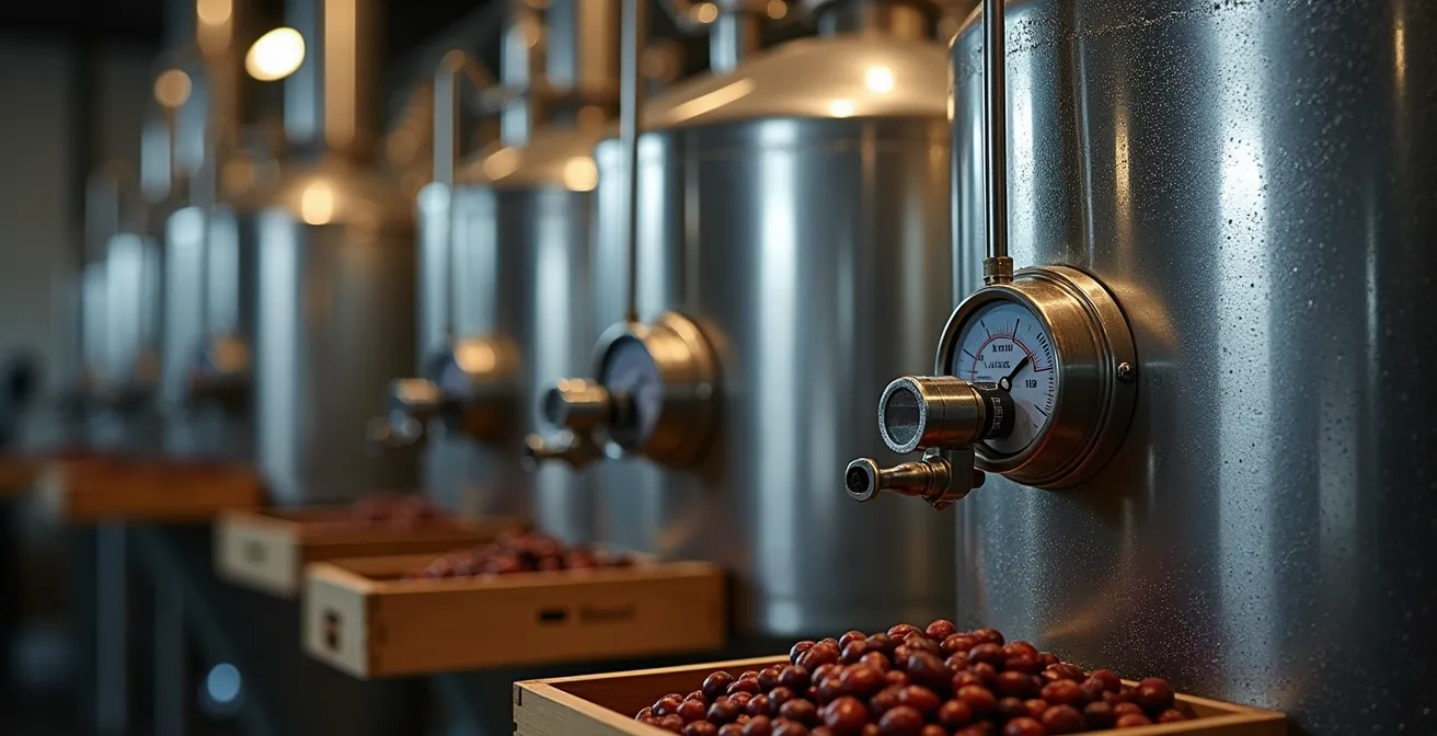 Sealed stainless steel fermentation tank in coffee processing facility