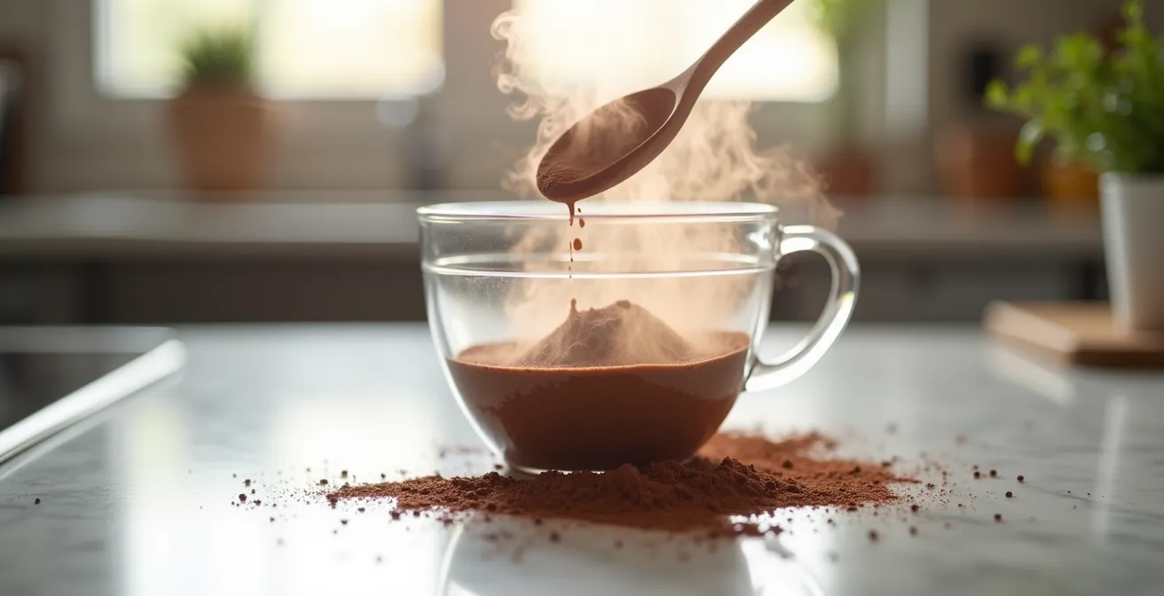 Cocoa powder being bloomed in a clear bowl with hot liquid, showing the transformation from a dry powder to a glossy, dark paste with steam rising.