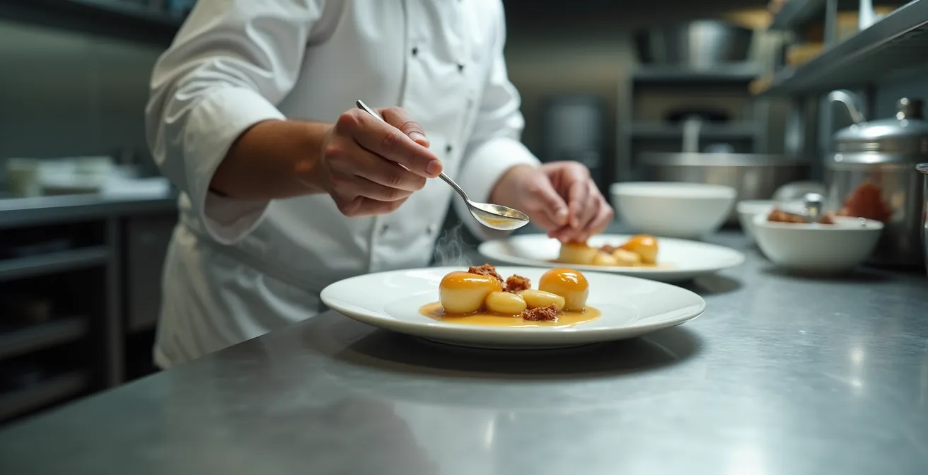 Chef carefully arranging edible flowers on a dessert plate with visible steam rising from warm vanilla sauce