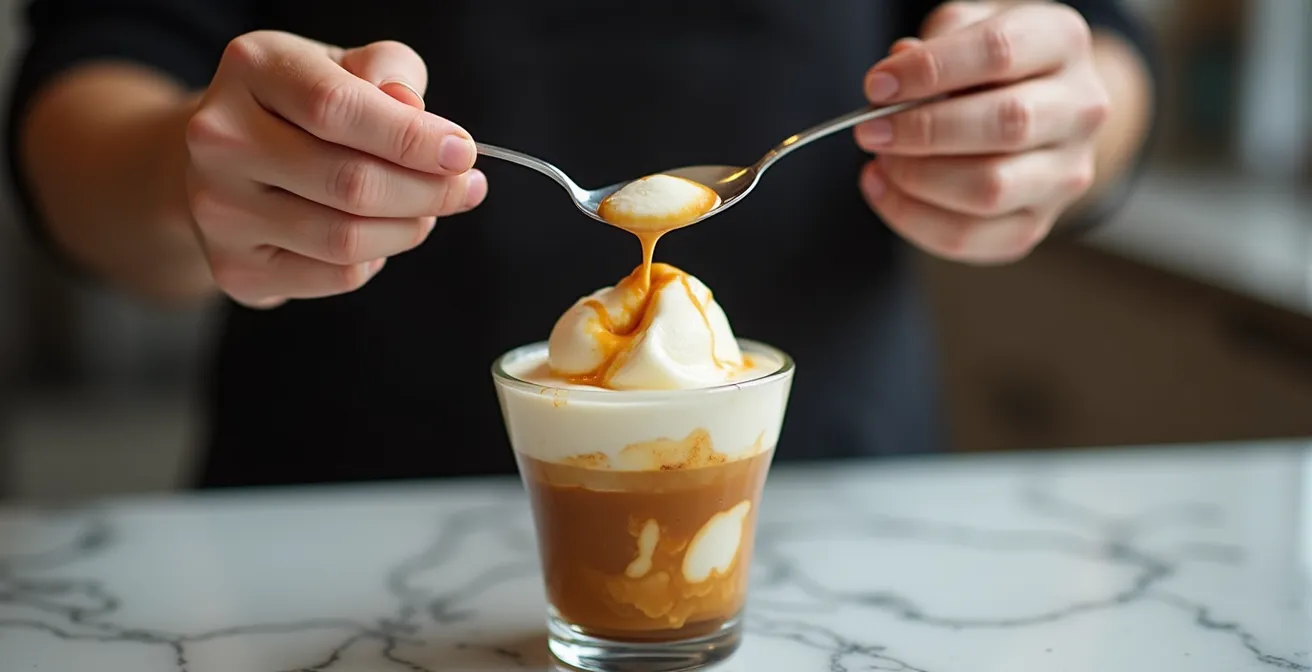 Hands demonstrating the chilled spoon deflection technique for pouring espresso