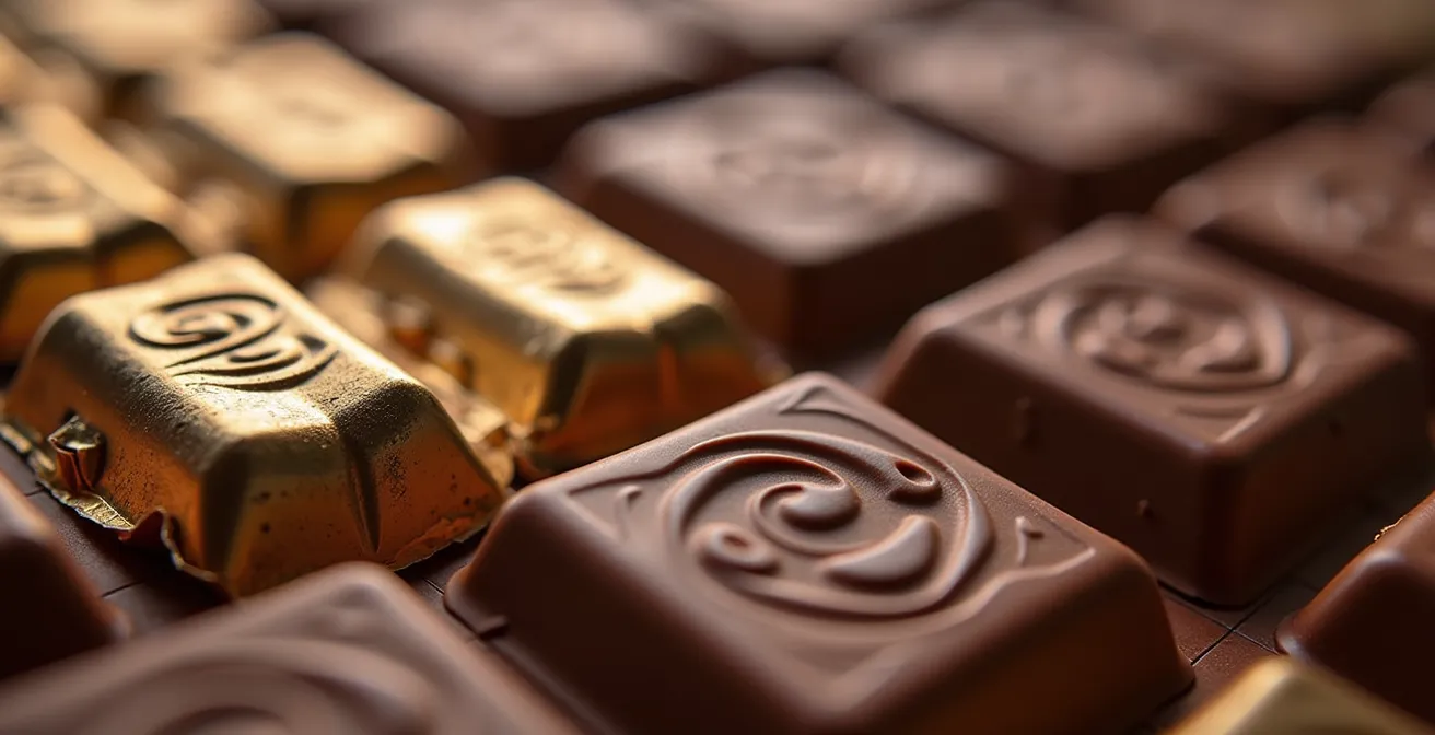 Macro shot of chocolate bar wrapper showing various certification symbols and textures