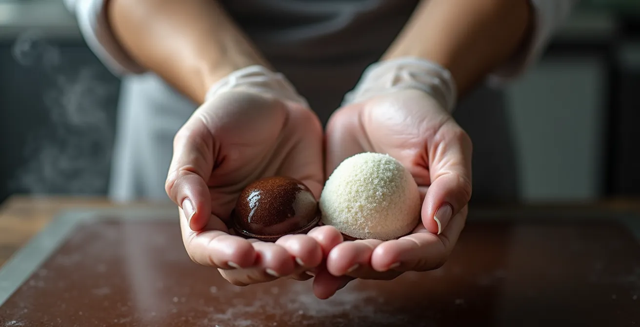 Close-up comparison of chocolate surface showing sugar bloom formation
