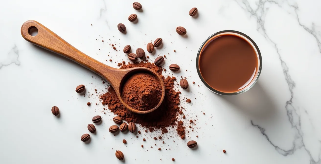 Overhead view of cocoa powder in wooden spoon with cocoa nibs scattered on surface