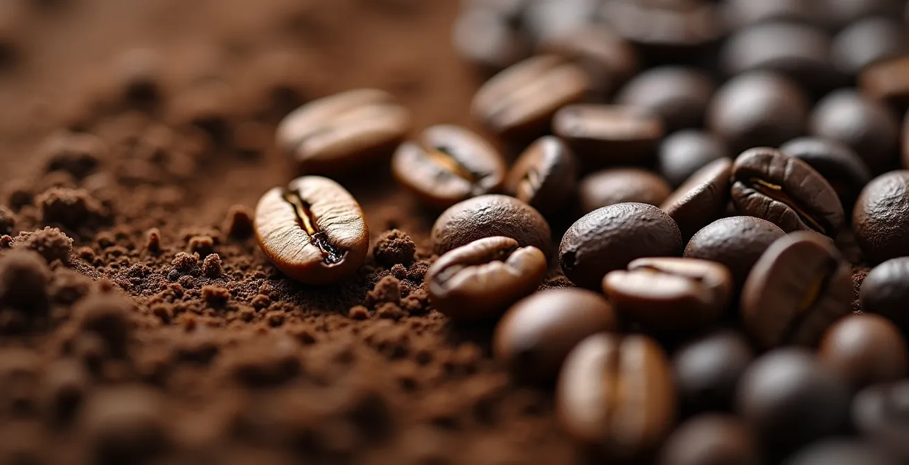 Macro shot of coffee beans showing different stages of freshness from oily and rich to dry and matte