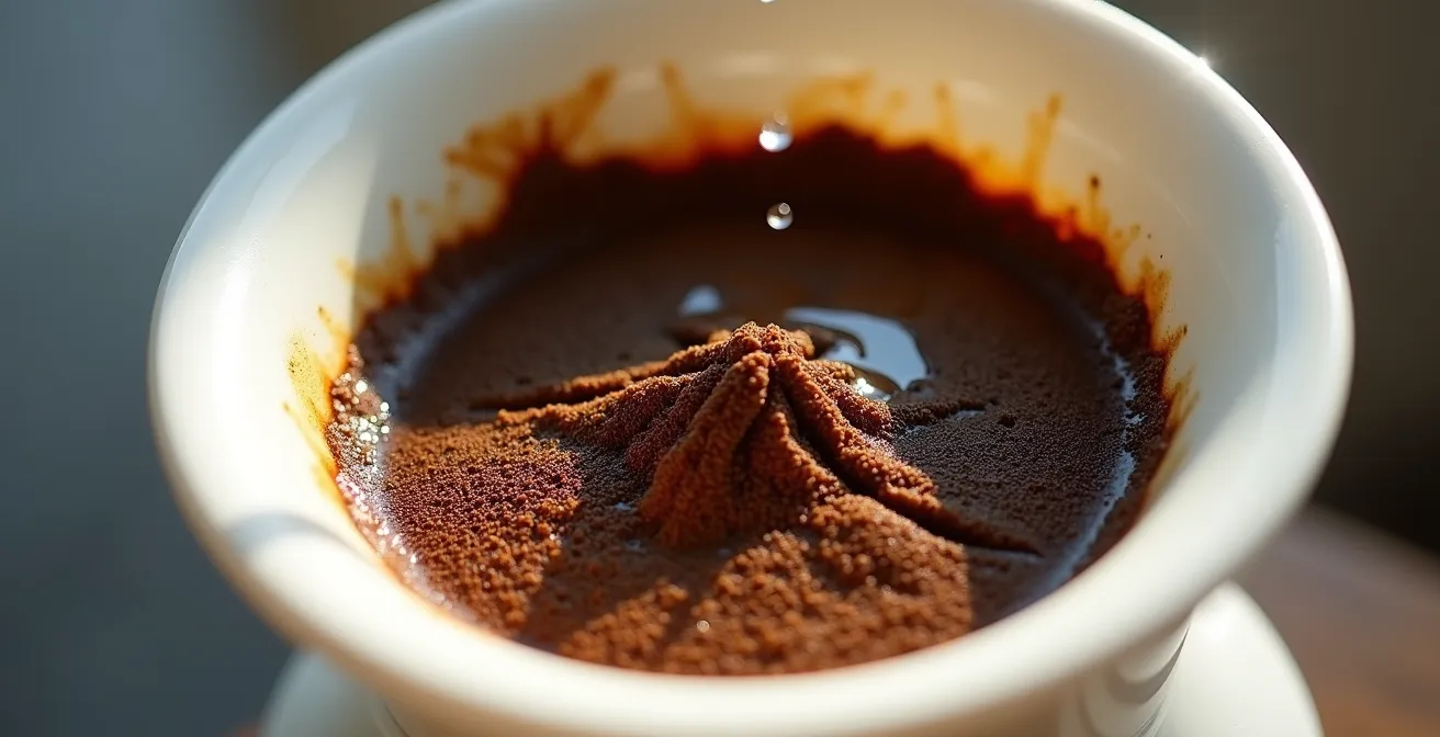 Top-down view of coffee bed showing channeling patterns and proper water distribution