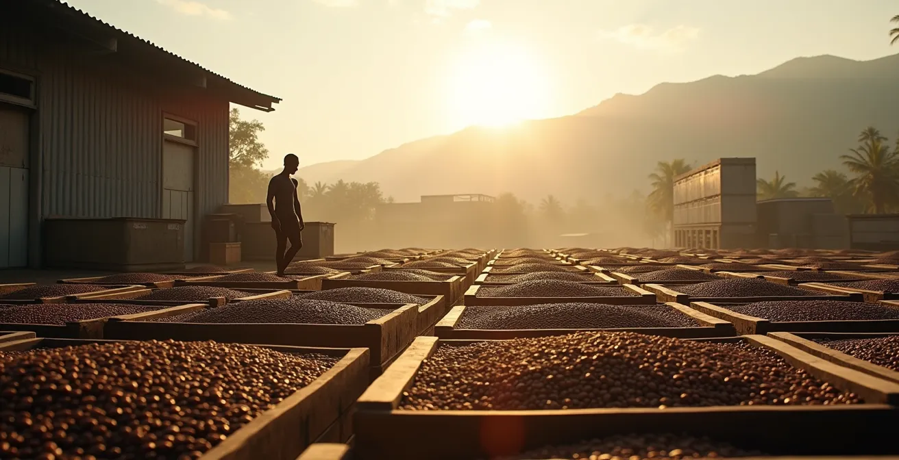 Coffee farmer using digital technology in a processing facility with raised drying beds visible