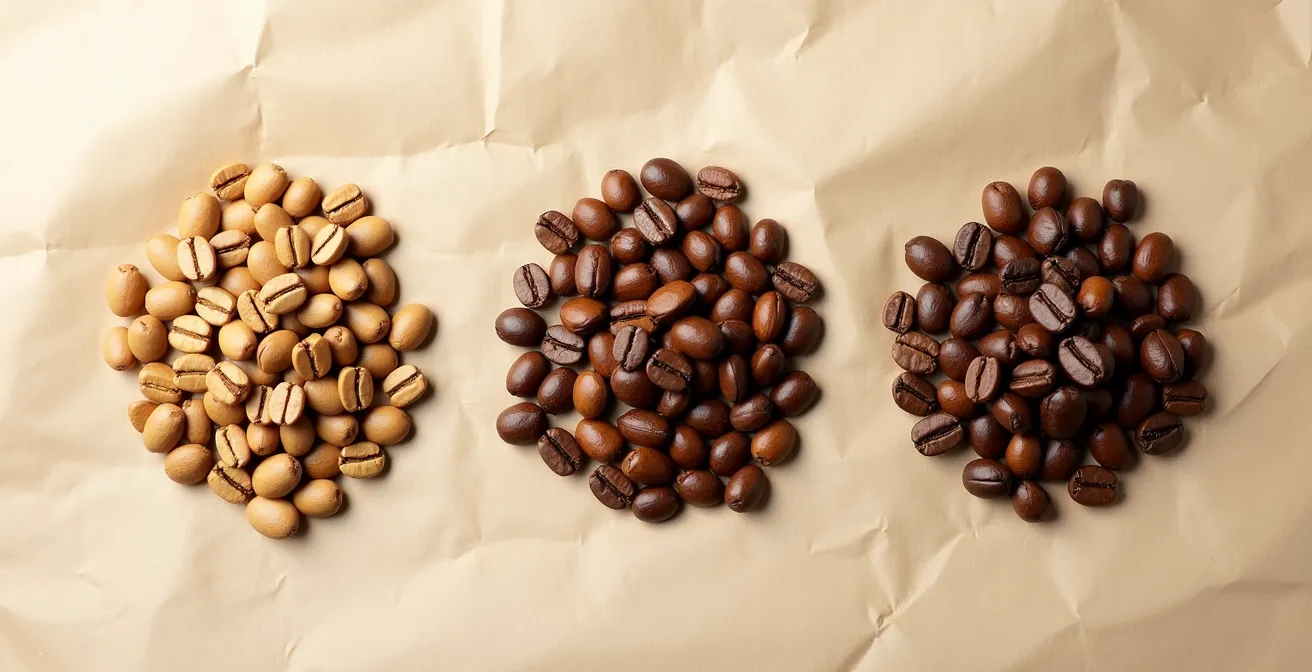 Three coffee bean samples showing under-roasted, properly developed, and baked appearances