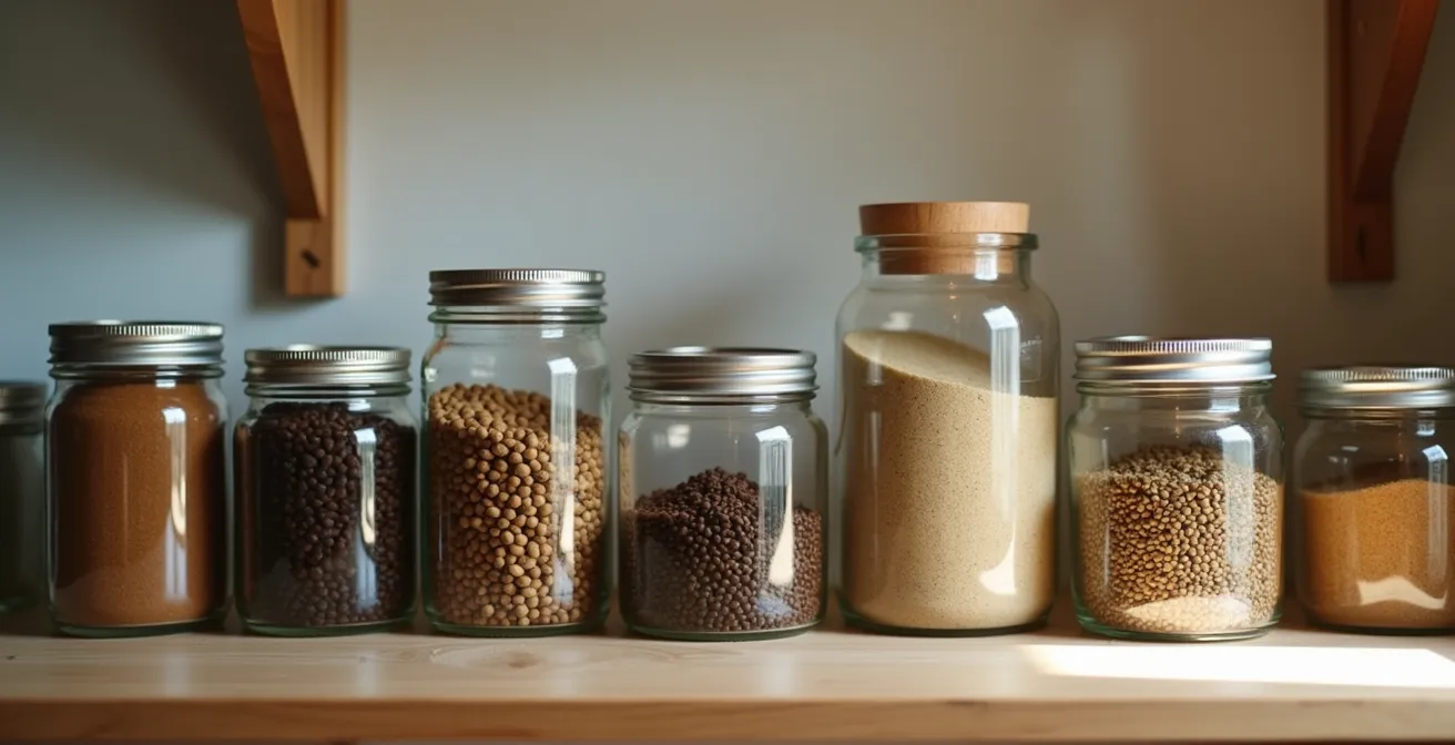 Home pantry setup showing proper green coffee bean storage away from aromatic items