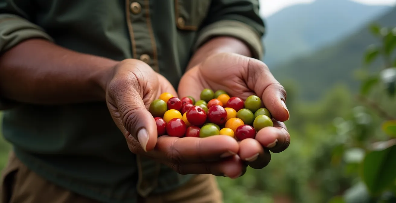 Colombian coffee farmer examining coffee cherries during harvest