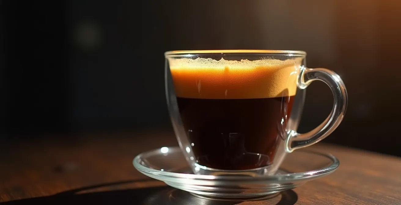 Side view of espresso cup showing the cascading effect of fine crema bubbles, similar to a nitrogen-infused drink