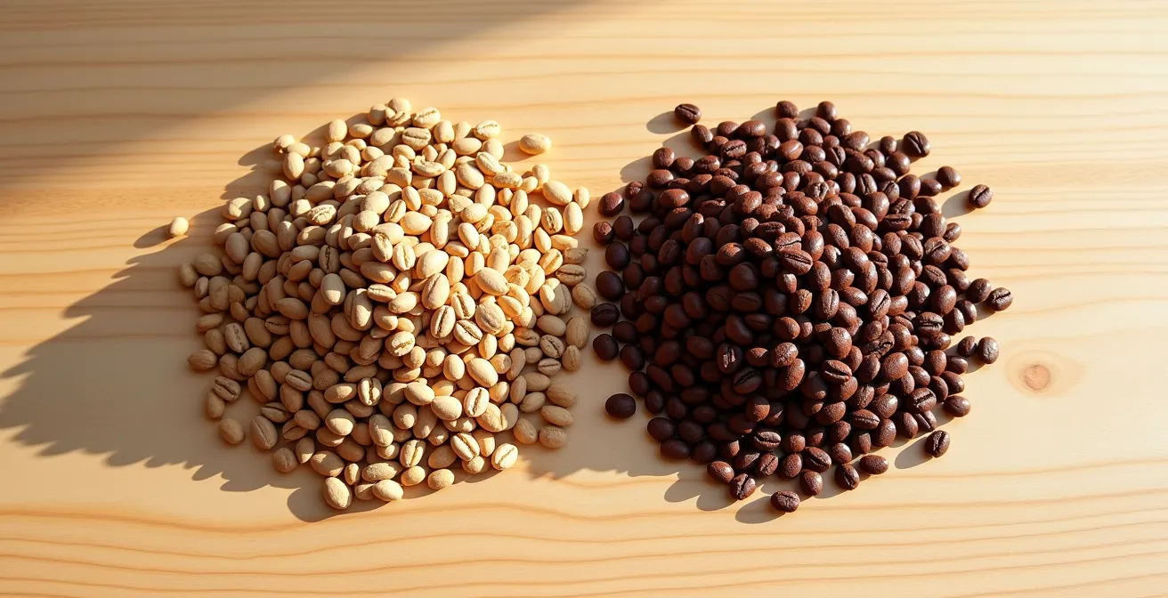 Side by side comparison of Criollo and Forastero cocoa beans in natural lighting