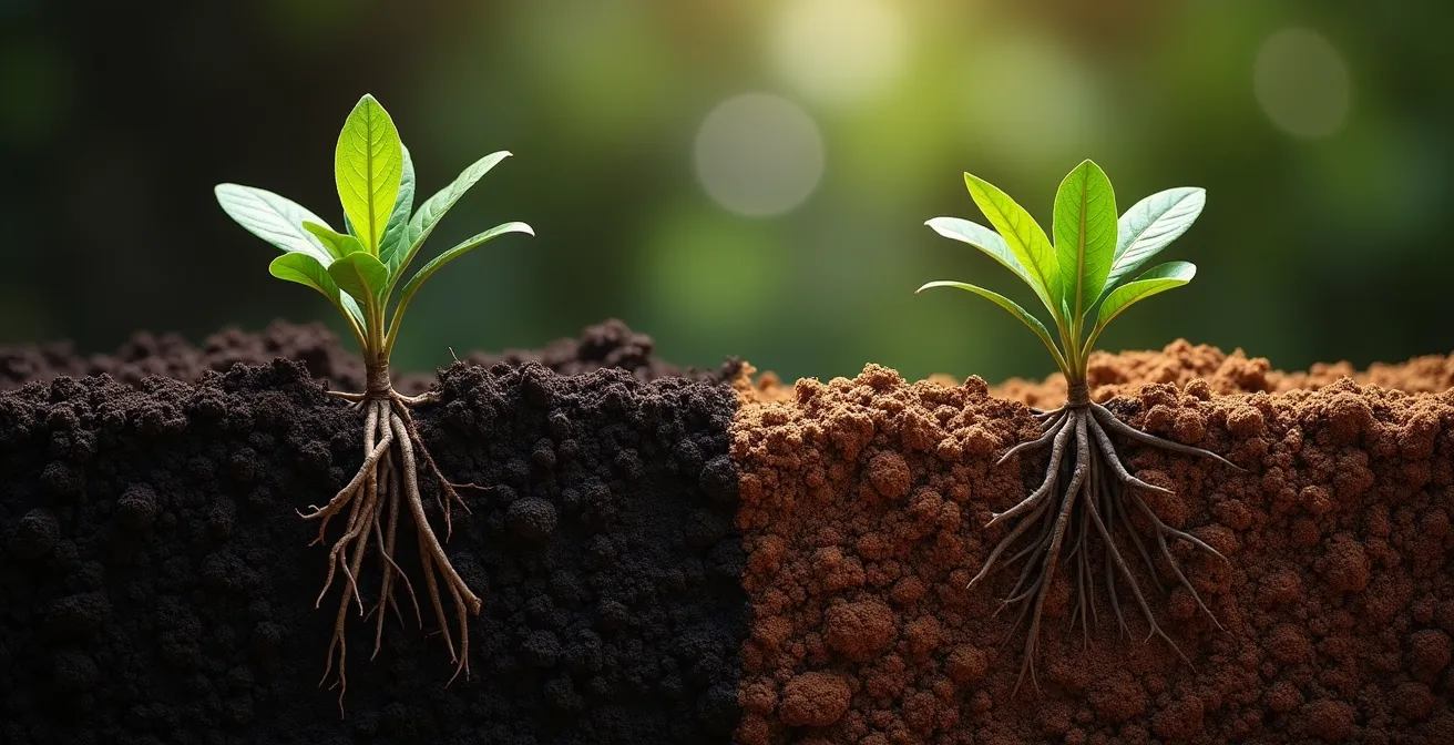 Cross-sectional view of volcanic soil layers showing coffee plant root system penetration