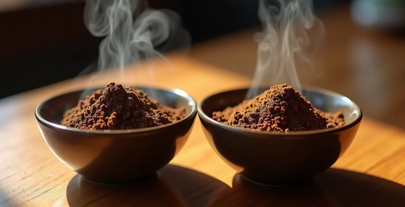 Macro shot of coffee grounds in cupping bowls showing texture differences