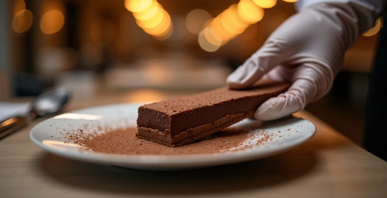 A server's hand holding a dessert plate in motion, creating a sense of anticipation and focus on the glistening texture of the sweet
