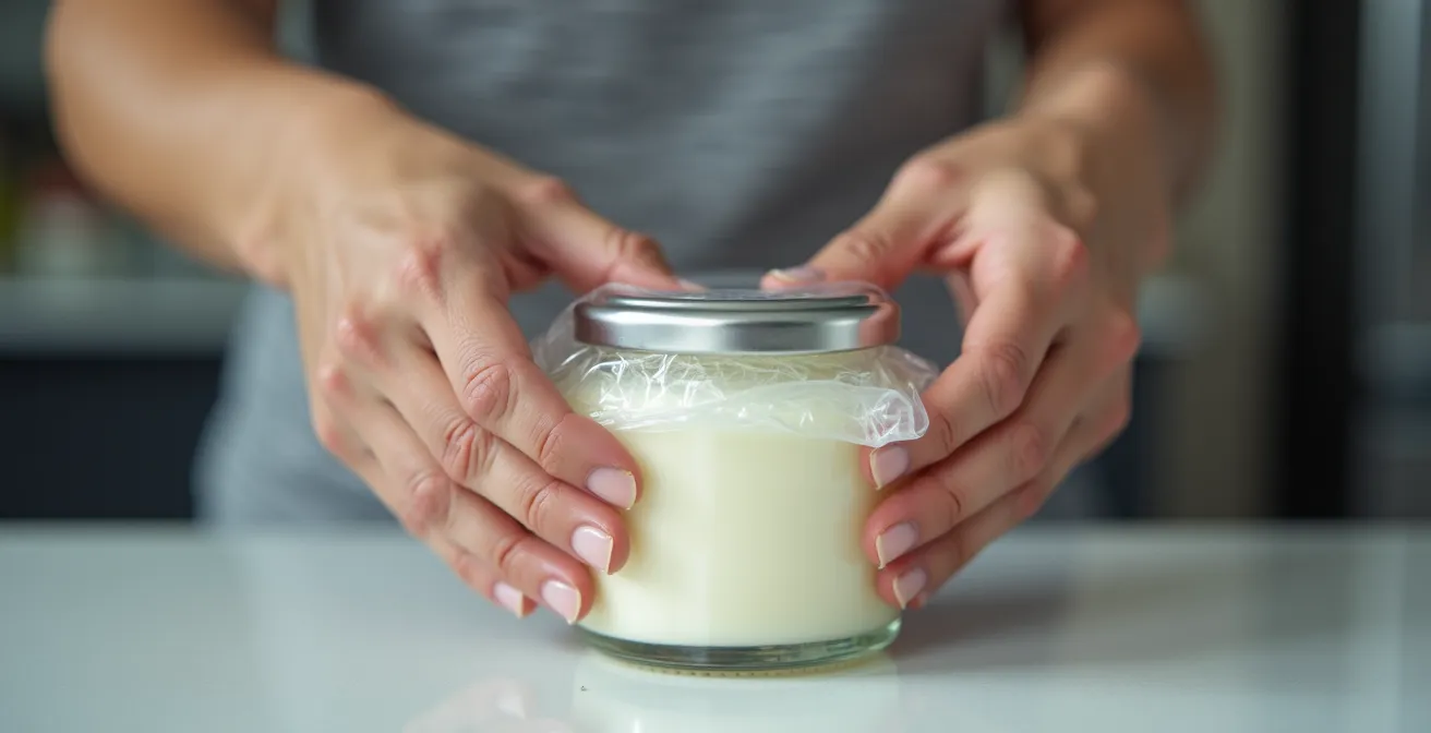 Professional storage technique showing plastic wrap pressed directly on cream surface with airtight lid