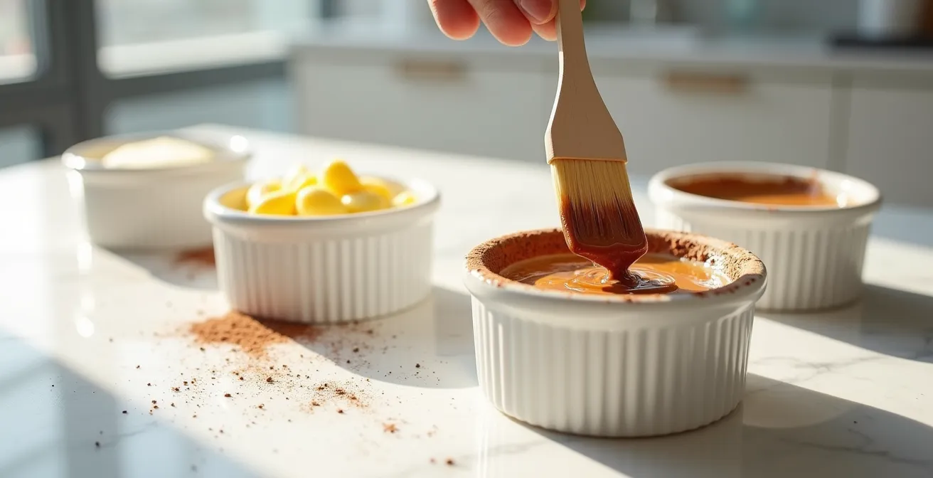 Close-up of butter being brushed upward on the interior of a chilled ramekin.