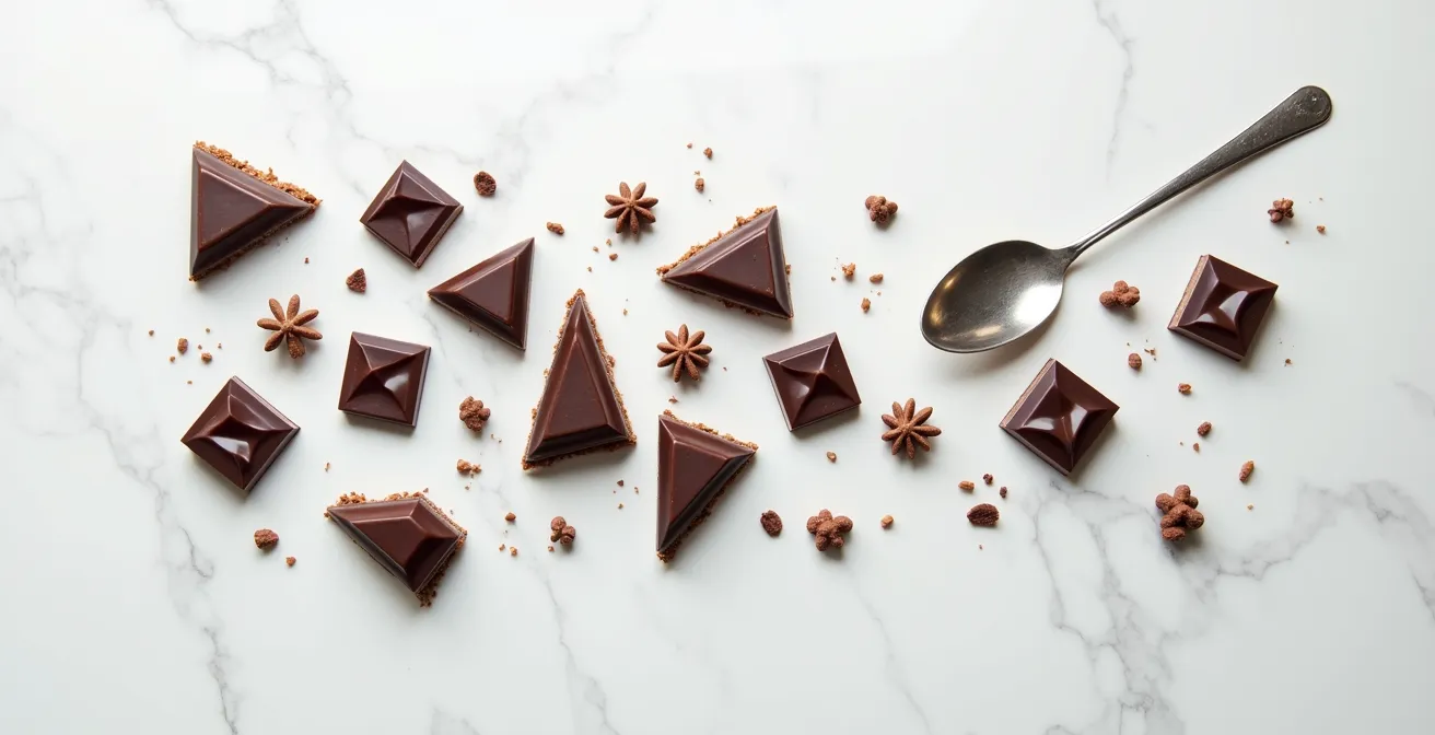 Minimalist chocolate tasting setup with broken dark chocolate pieces on a marble surface.