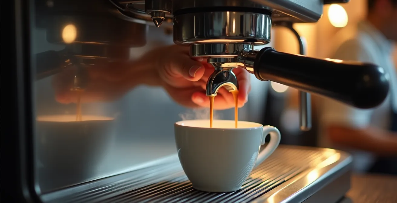 A close-up of a barista's hand adjusting the temperature gauge on a professional espresso machine, with golden espresso flowing below.