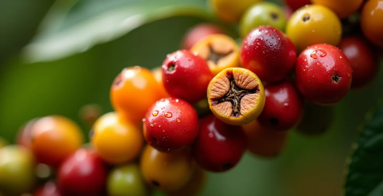 Macro view of diverse Ethiopian coffee cherries showing genetic variety through colors and sizes