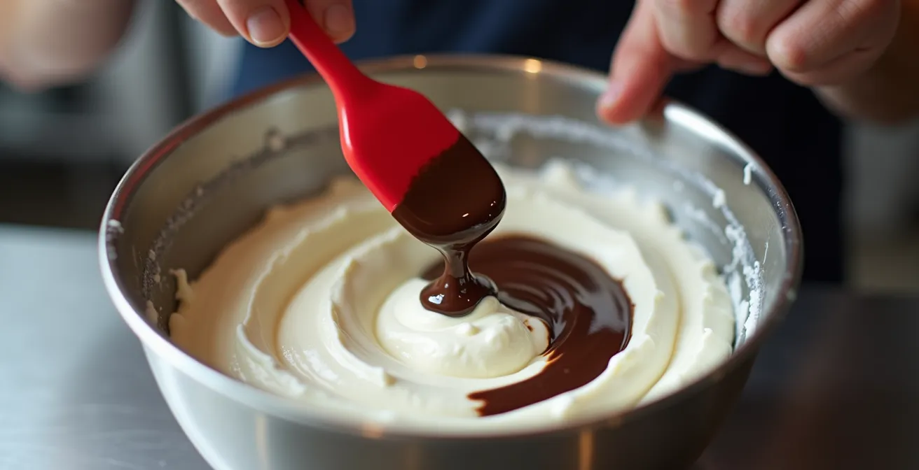 Professional chef's hands demonstrating the sacrificial folding technique for chocolate mousse