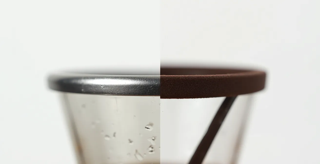 Split view comparing metal and silicone seals against glass carafe walls