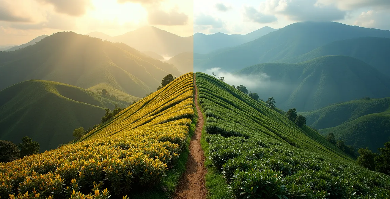 Landscape showing coffee farms at higher elevations with climate adaptation