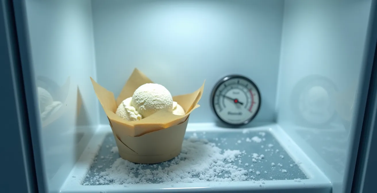 Gelato container in freezer showing proper storage technique