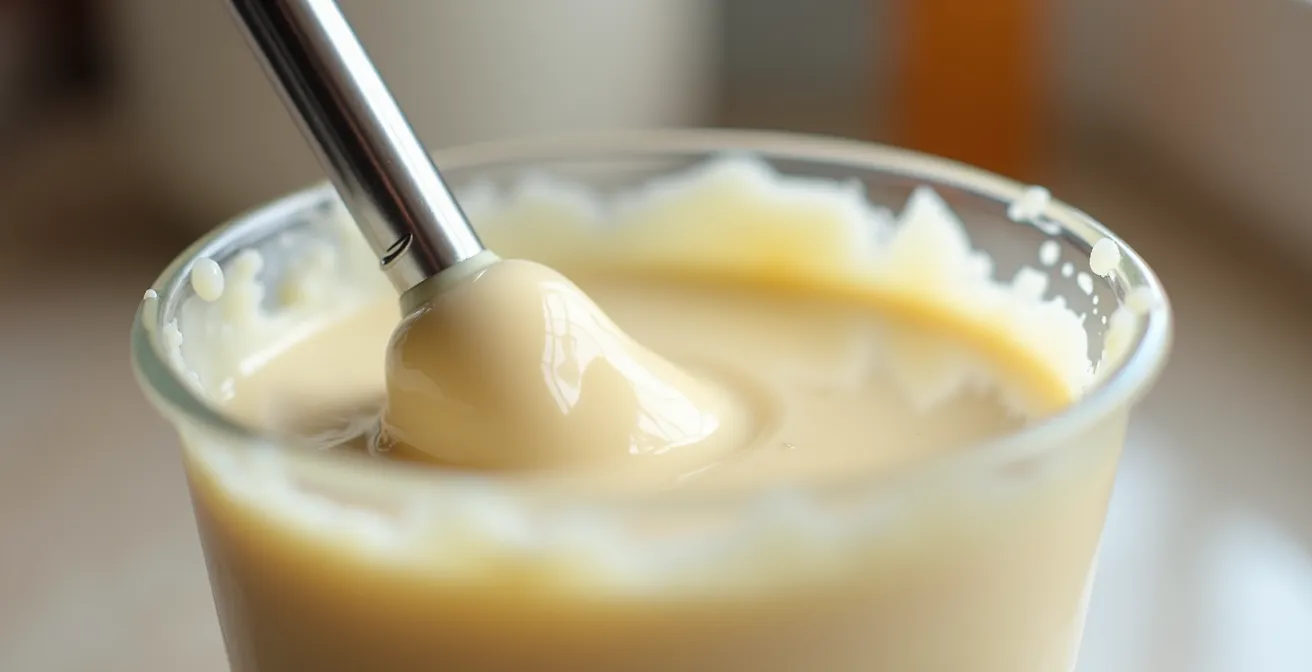 Close-up of hand blender positioned at angle in tall container with glossy glaze mixture