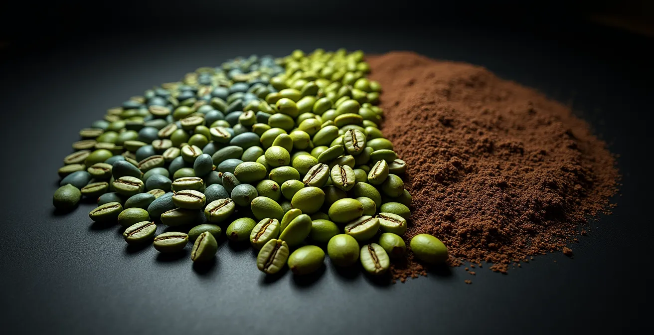 Close-up comparison of premium versus standard grade green coffee beans