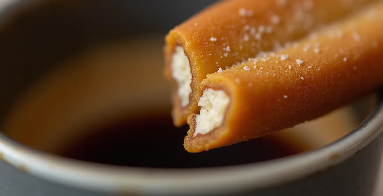 Close-up demonstration of proper ladyfinger dipping showing ideal saturation gradient