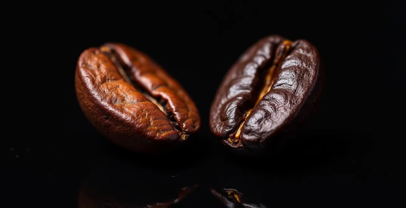 Extreme close-up of roasted cocoa beans showing texture differences between a perfectly roasted and an over-roasted bean.