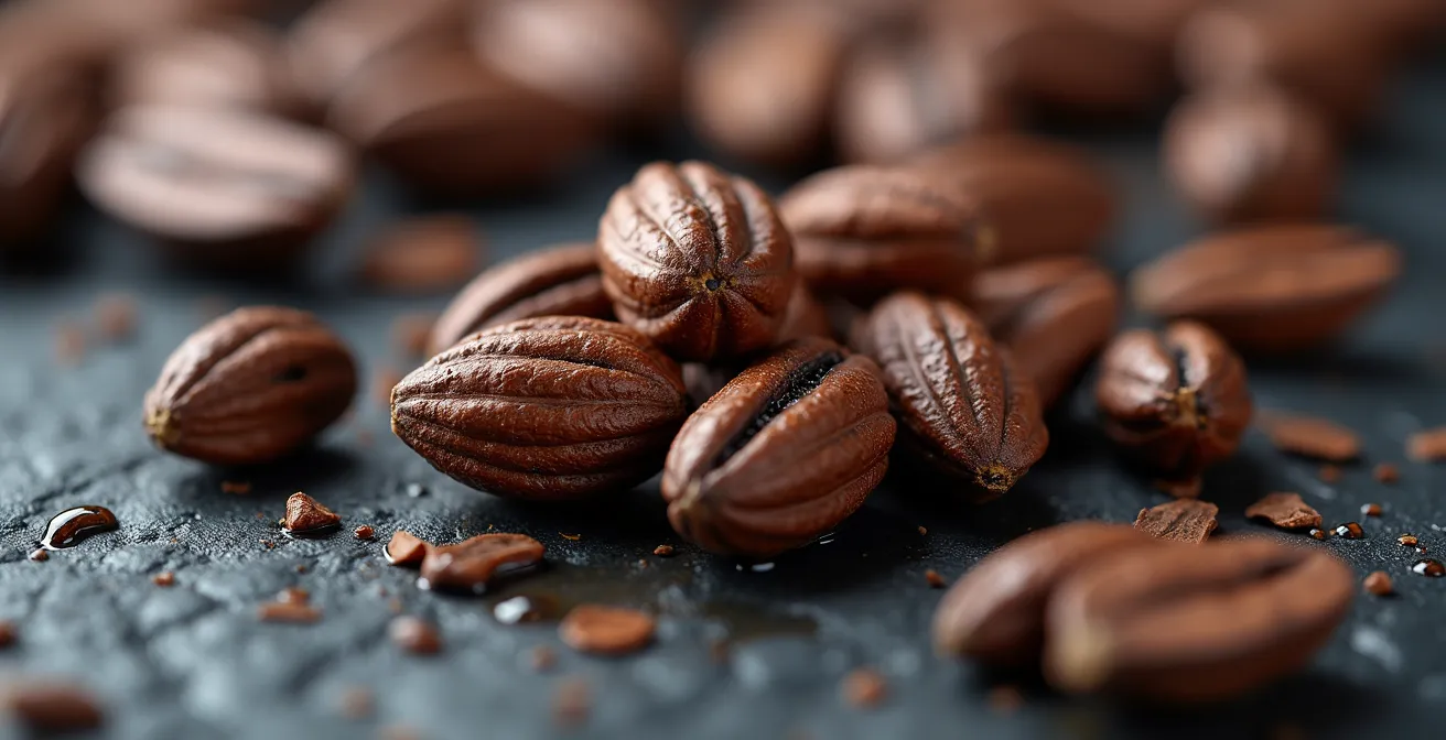 Extreme close-up of cocoa nibs showing texture variations