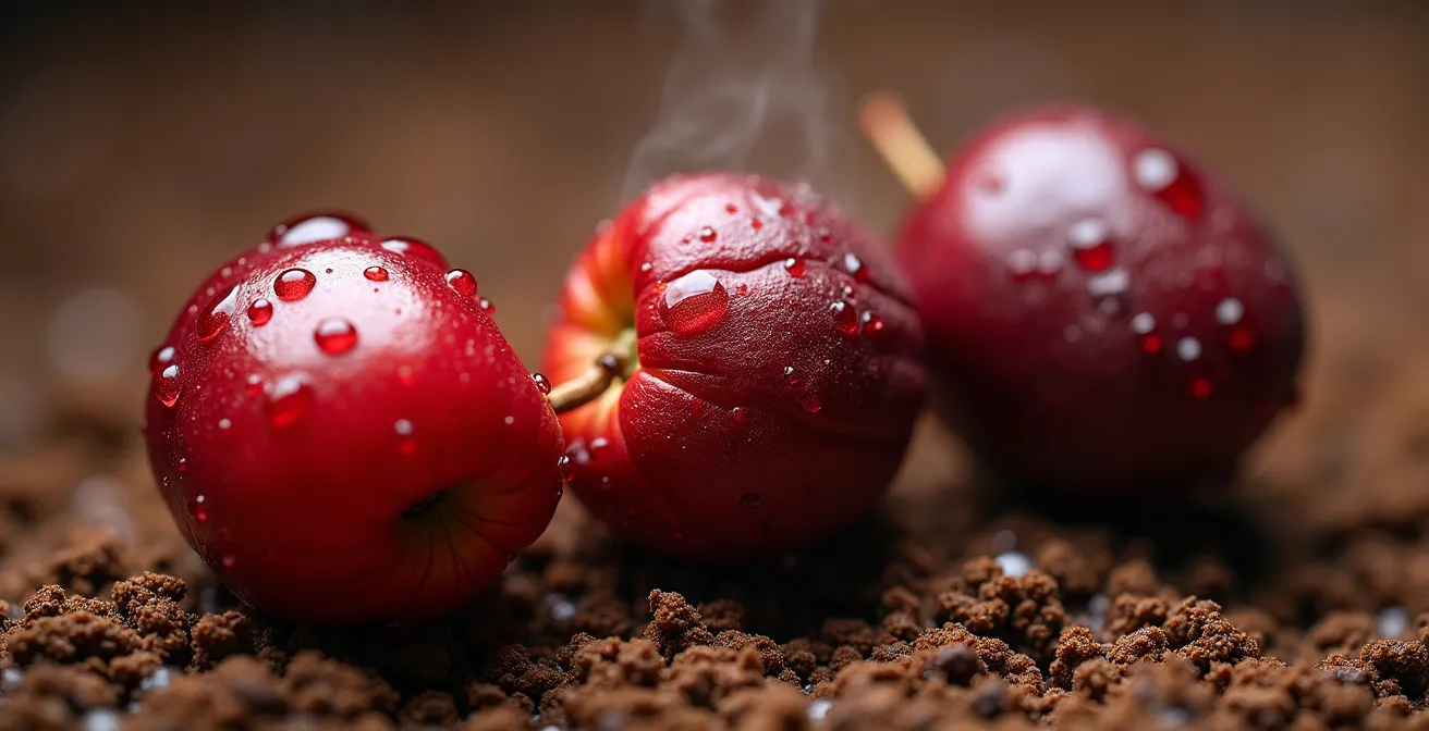 Extreme close-up of coffee cherry surface showing moisture evaporation stages