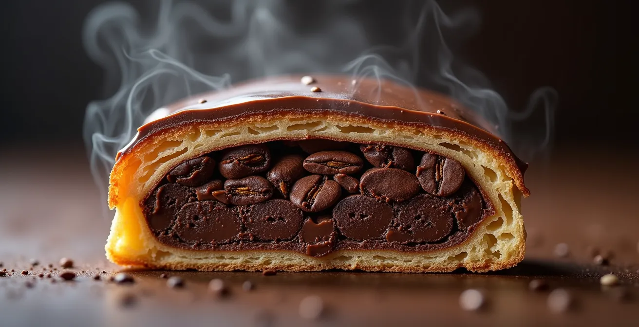 Extreme close-up of the intricate layers and textures of a coffee and chocolate pastry, hinting at the aromatic compounds trapped within.