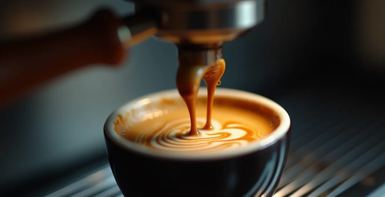 Extreme close-up of espresso extraction showing rich crema formation from Brazilian beans
