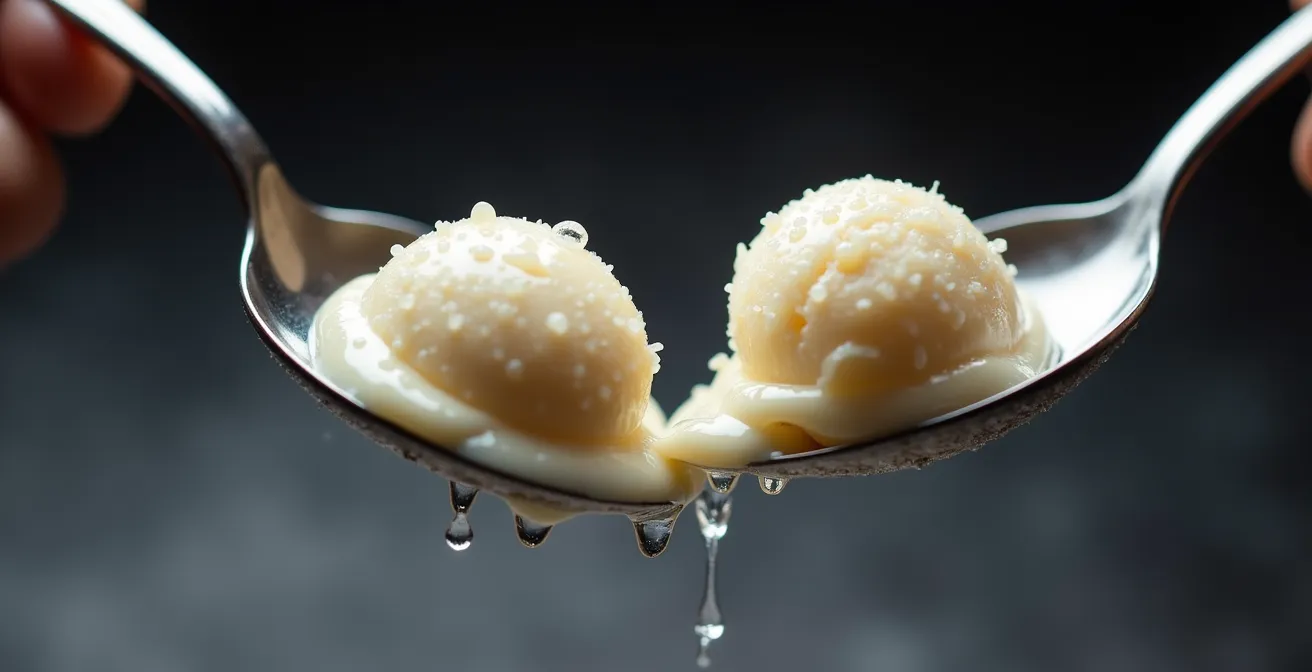 Extreme close-up of two silver spoons shaping vanilla ice cream into an elegant quenelle