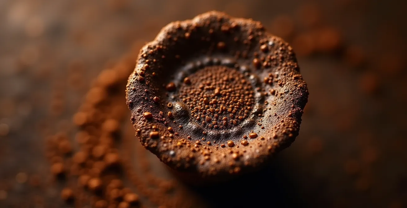 Extreme close-up of used espresso puck showing uniform extraction patterns without channeling