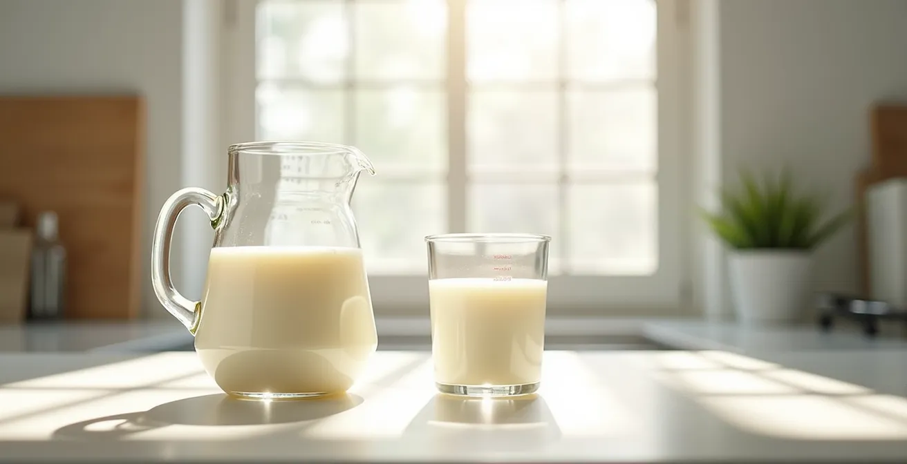 Measuring cups showing milk and cream proportions for authentic gelato