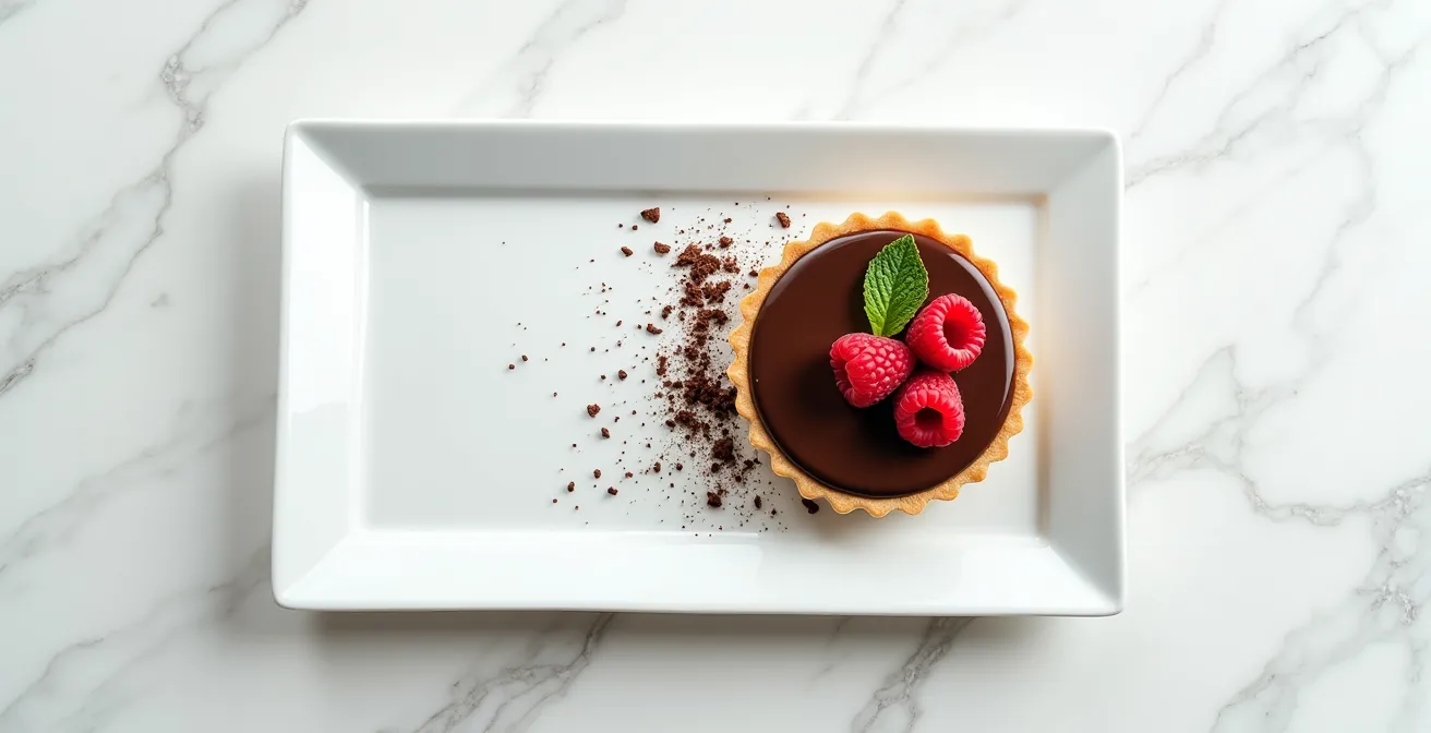 Wide angle view of elegantly plated dessert with strategic garnish placement and abundant negative space