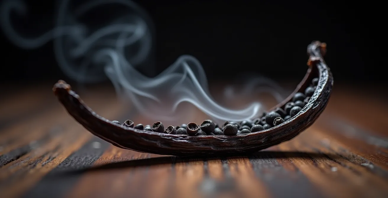 Extreme close-up of vanilla bean pod with aromatic steam wisps rising against dark background