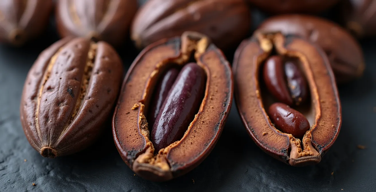 Macro view of cocoa beans showing texture and cross-section with visible nibs