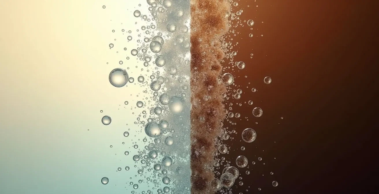 Split microscopic view comparing tiny nitrogen bubbles to larger carbon dioxide bubbles in liquid