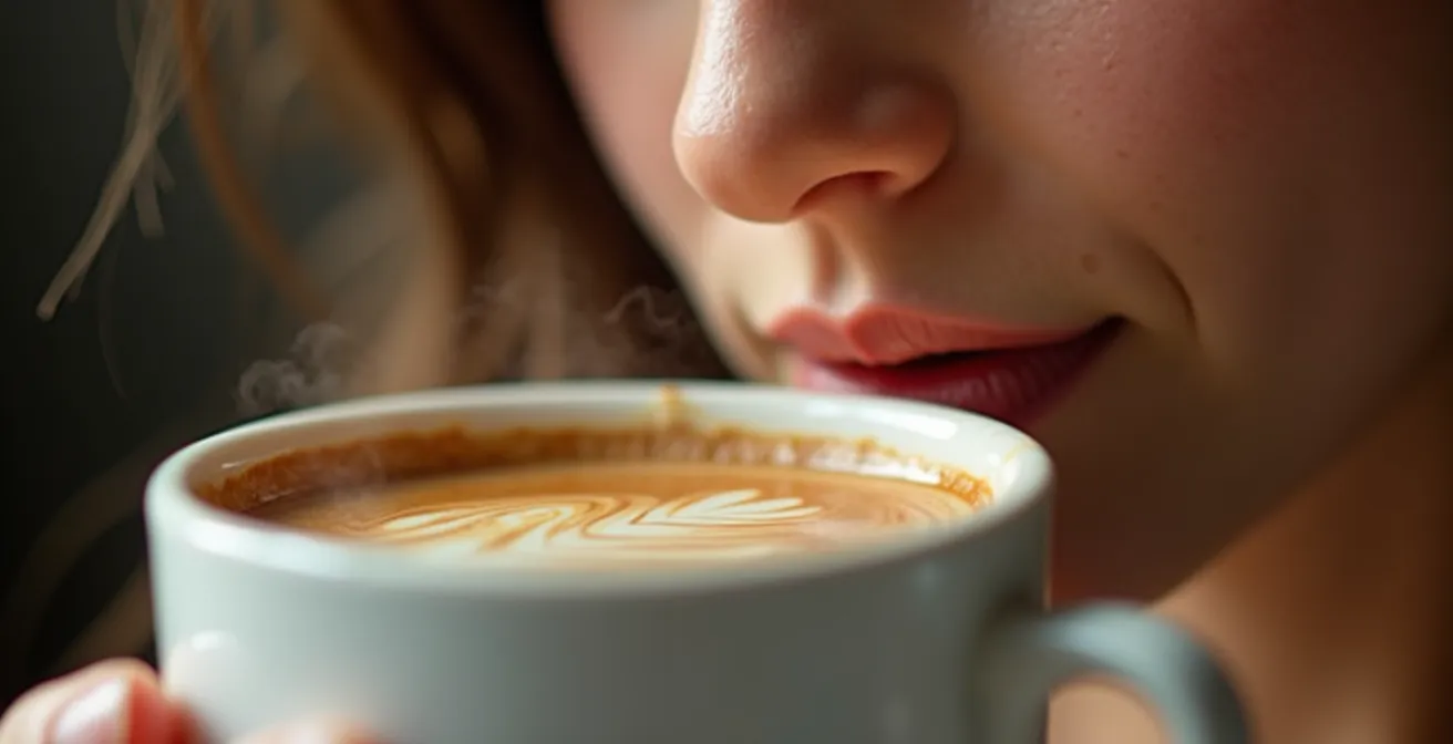 Close-up of person tasting coffee with focus on nasal and oral sensory pathways