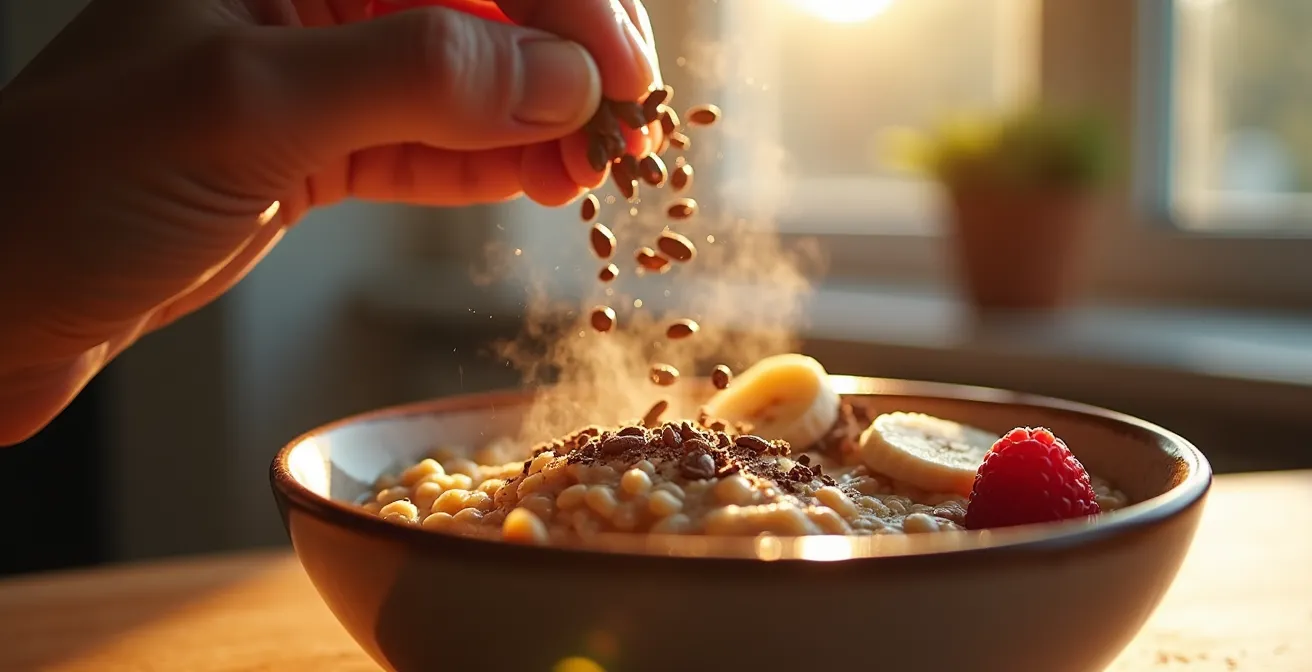 Steaming oatmeal bowl with cocoa nibs being sprinkled on top
