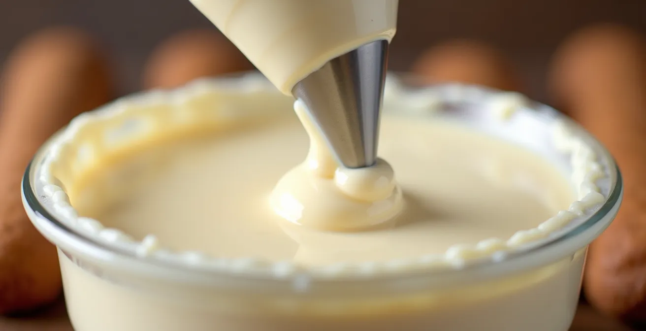 Close-up of hands using a piping bag to create a cream border around ladyfingers