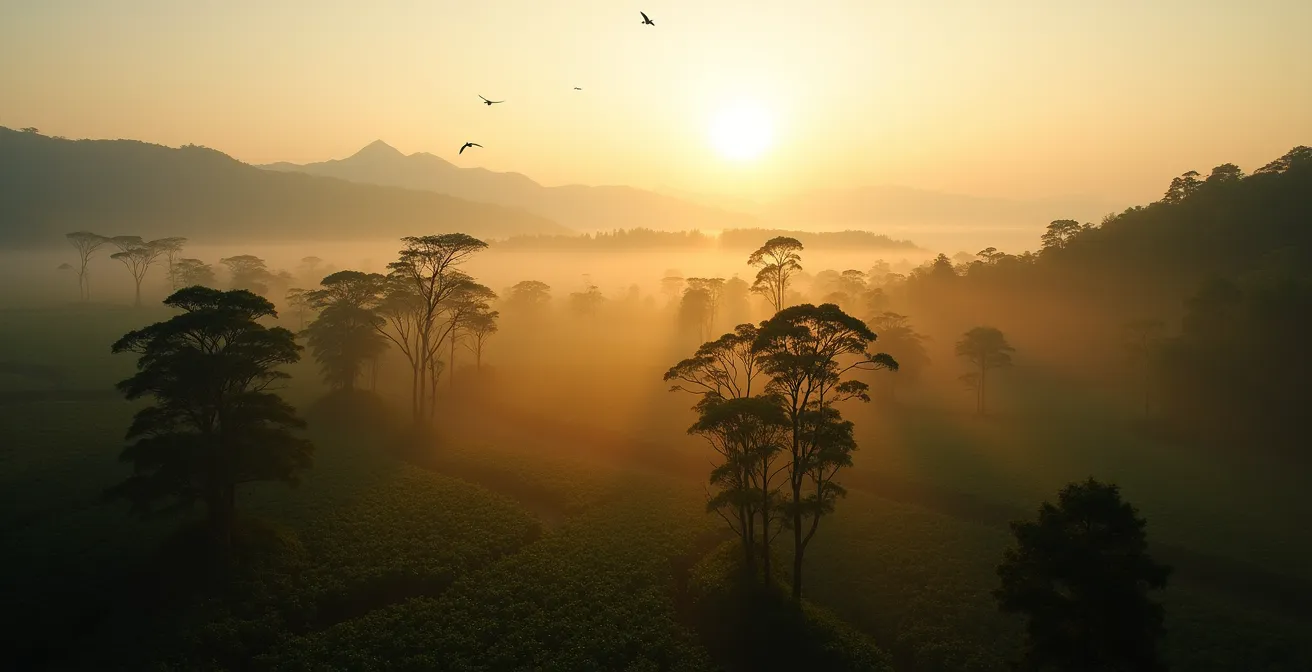 Wide aerial view of shade-grown coffee plantation showing natural forest canopy integration