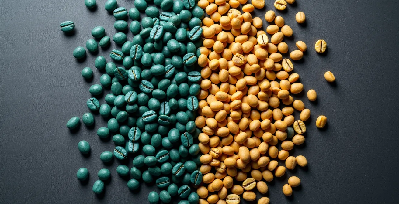 Comparison of fresh bluish-green Sidamo beans versus aged yellowish beans