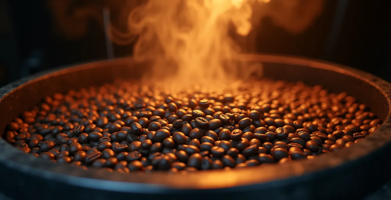 Coffee beans in roasting drum showing color progression from green to light brown
